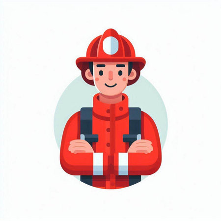 Firefighter in red uniform. Vector illustration in flat cartoon style.のイラスト素材