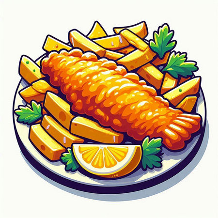 Fried fish with lemon and parsley on white background. Vector illustration.のイラスト素材