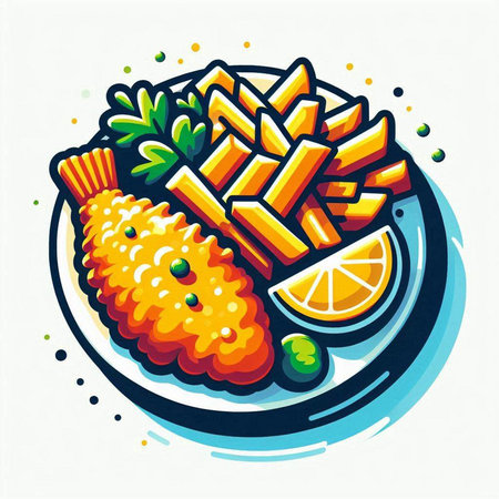 Fried fish with french fries on a plate, vector illustration.のイラスト素材