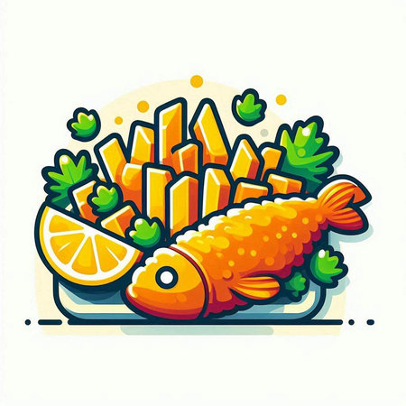 Fried fish with lemon and parsley on white background. Vector illustration.のイラスト素材