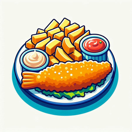 Fish and chips on a plate. Vector illustration in cartoon style.のイラスト素材