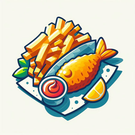 Fried fish with chips and ketchup, vector cartoon illustration.のイラスト素材