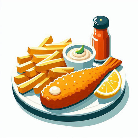 Fried fish with french fries and mayonnaise, vector illustrationのイラスト素材