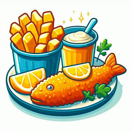 Illustration of fried fish and chips with sauce on a white backgroundのイラスト素材