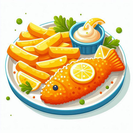 Fish and chips icon. Vector illustration of fish and chips with lemon and ketchup.のイラスト素材