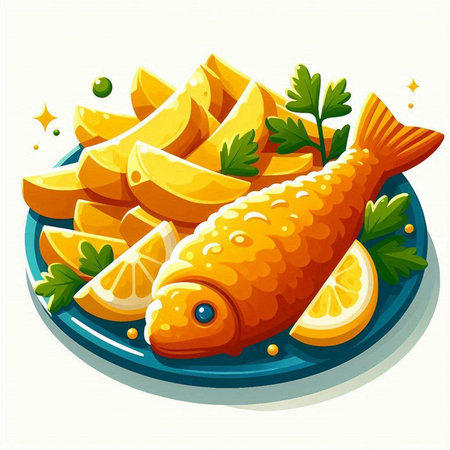 Fish and chips. Vector illustration of a fish with lemon and parsley.のイラスト素材