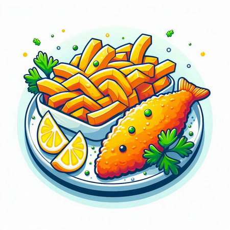 Fried fish and chips with mayonnaise, vector illustration.のイラスト素材