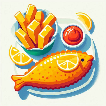 Fried fish with french fries and ketchup. Vector illustration.のイラスト素材