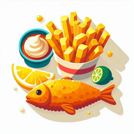 Illustration of fried fish and chips on a plate with sauce.のイラスト素材