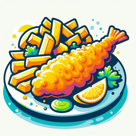 Illustration of deep fried shrimp with lemon and vegetables on a plateのイラスト素材