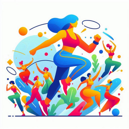 Vector illustration of a group of people engaged in fitness, sports, healthy lifestyle.のイラスト素材