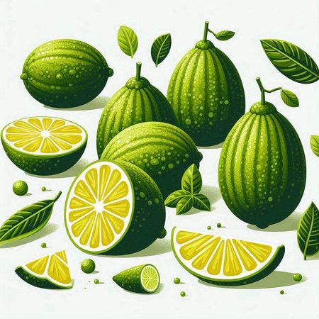Lime citrus fruit with green leaves and slices. Vector illustration.のイラスト素材