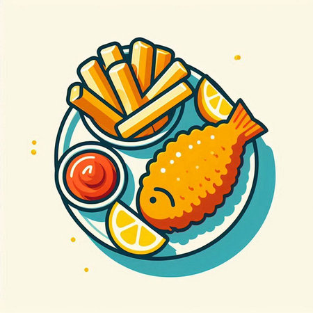 Fish and chips on a plate. Vector illustration in flat style.のイラスト素材