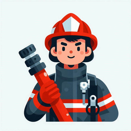 Firefighter in uniform holding a fire hose. Flat vector illustration.のイラスト素材