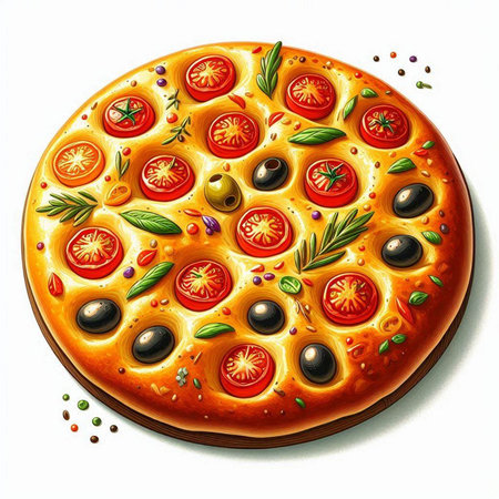Pizza with tomatoes, olives and rosemary on a white backgroundのイラスト素材