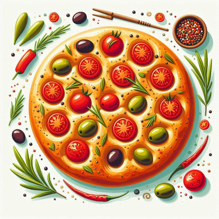Pizza with tomatoes, olives and rosemary. Vector illustration.のイラスト素材
