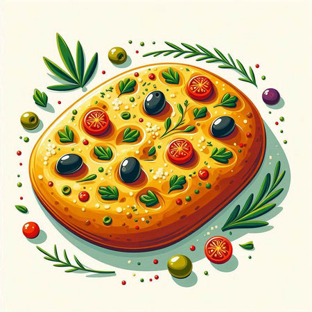 Illustration of a pizza with olives, tomatoes and rosemaryのイラスト素材