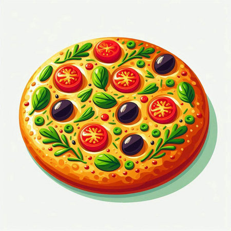 Pizza with olives and tomatoes. Vector illustration on a white background.のイラスト素材