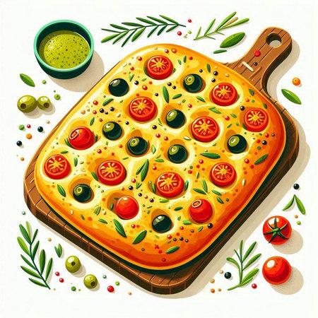 Pizza with olives and tomatoes on cutting board. Vector illustration.のイラスト素材