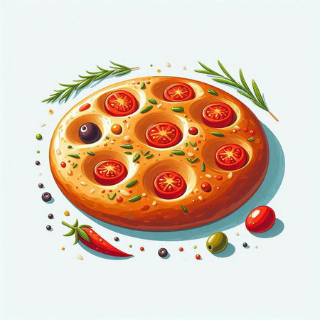 Illustration of a round pizza with tomato, olives and rosemaryのイラスト素材