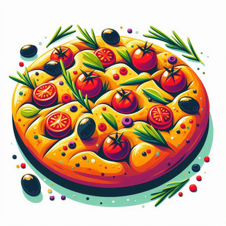 Pizza with tomatoes, olives and rosemary. Vector illustrationのイラスト素材