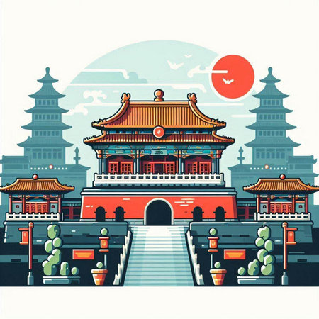 Ancient Chinese architecture in Shanghai, China. Vector illustration in retro style.のイラスト素材