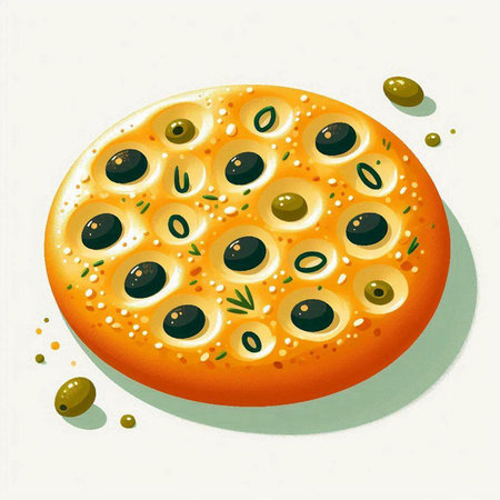 Illustration of pizza with olives and olive oil on white backgroundのイラスト素材
