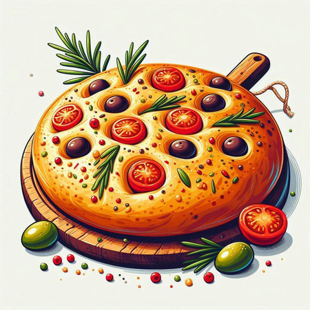 Illustration of a pizza with olives, tomatoes and rosemaryのイラスト素材