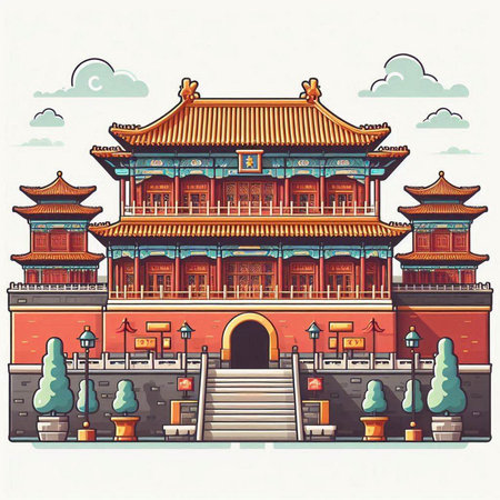 The ancient architecture of the Forbidden City in Beijing, China. Vector illustration.のイラスト素材