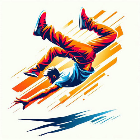 Illustration of a breakdancer jumping with a colourful background.のイラスト素材
