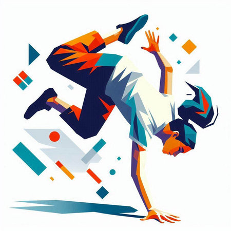 Vector illustration of a young man dancing breakdance in modern style.のイラスト素材