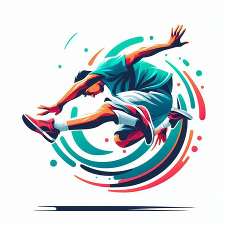 Illustration of a young breakdancer jumping on an abstract backgroundのイラスト素材
