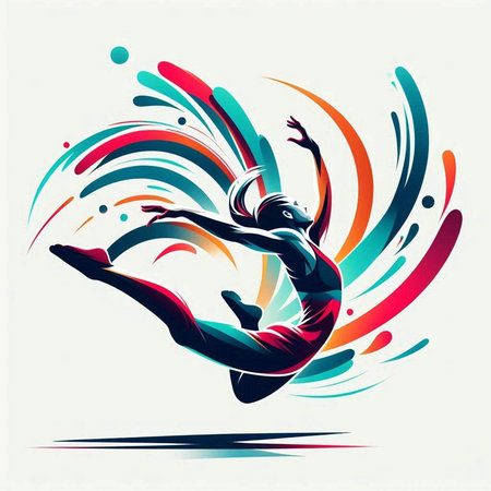 illustration of a girl dancing on a colorful background with abstract elementsのイラスト素材