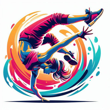 Illustration of a girl dancing breakdance on a colorful backgroundのイラスト素材