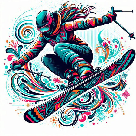 Vector illustration of a snowboarder on the background of colorful patternsのイラスト素材