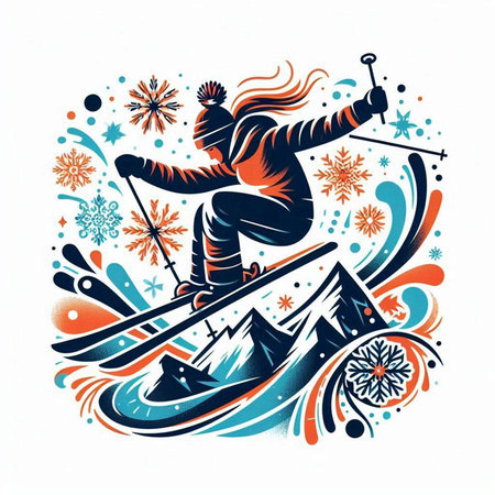 Vector illustration of a skier skiing in the mountains. Colorful graphics.のイラスト素材