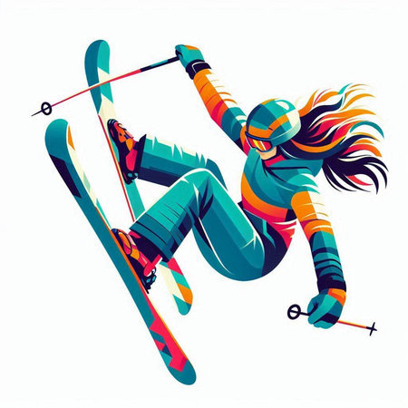 illustration of a snowboarder on abstract background with colorful designのイラスト素材