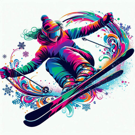 Snowboarder on colorful background with snowflakes. Vector illustration.のイラスト素材