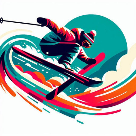 snowboarder jumping in the mountains, abstract vector art illustrationのイラスト素材