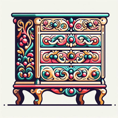 Retro wooden chest of drawers with decorative ornament. Vector illustration.のイラスト素材