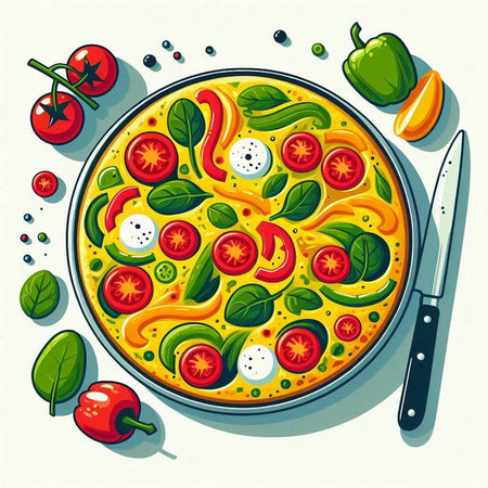 Illustration of pizza with tomato, pepper and basil in a frying panのイラスト素材