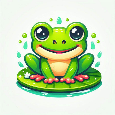 Frog cartoon character sitting on water lily. Vector illustration.のイラスト素材