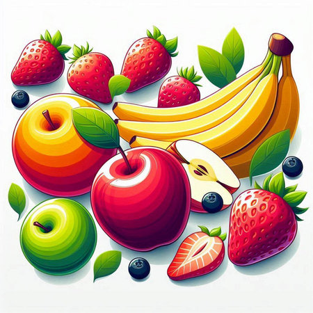 Fruit background with strawberries, bananas, apples and blueberries. Vector illustrationのイラスト素材