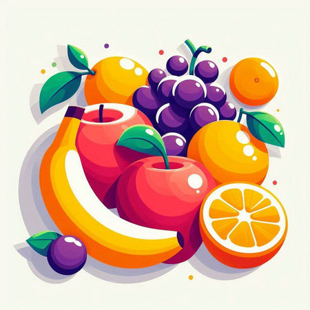 Fruit background with orange, banana, grape and apple. Vector illustration.のイラスト素材