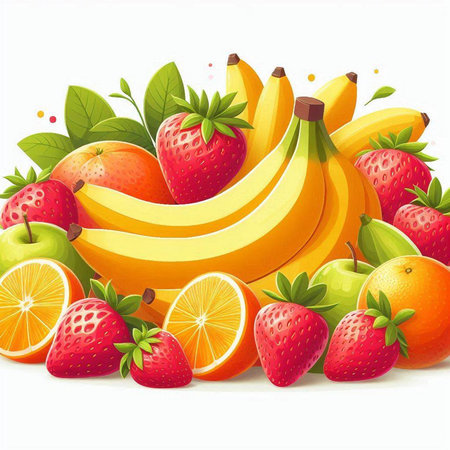 Fruit background with strawberries, bananas and oranges. Vector illustration.のイラスト素材
