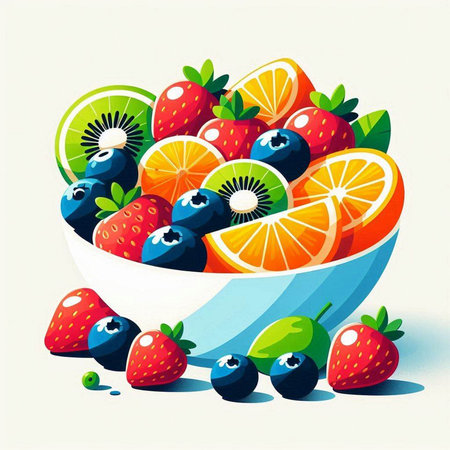 Fruit salad in a bowl with fresh fruits. Vector illustration.のイラスト素材