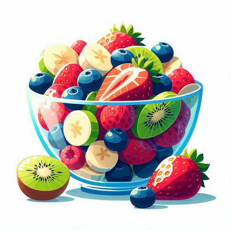 Fresh fruit salad in a glass bowl isolated on white background. Vector illustration.のイラスト素材