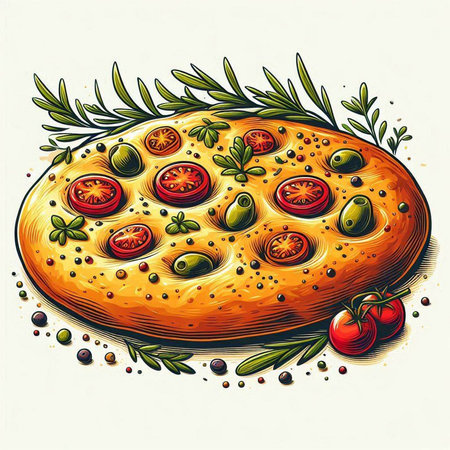 Illustration of a pizza with olives, tomatoes and herbs.のイラスト素材