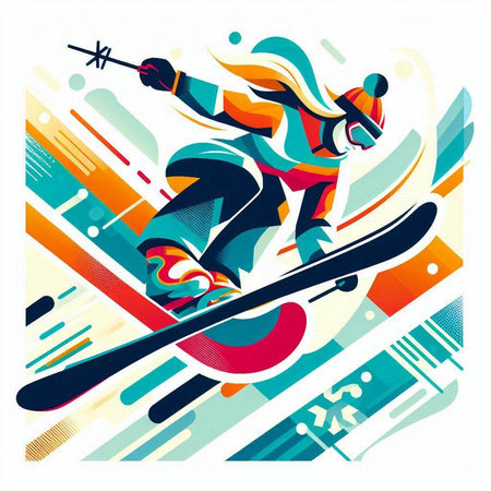 Vector illustration of a snowboarder jumping on a colorful background.のイラスト素材