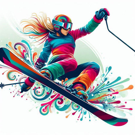 Snowboarder girl with snowboard and colorful splashes. Vector illustration.のイラスト素材